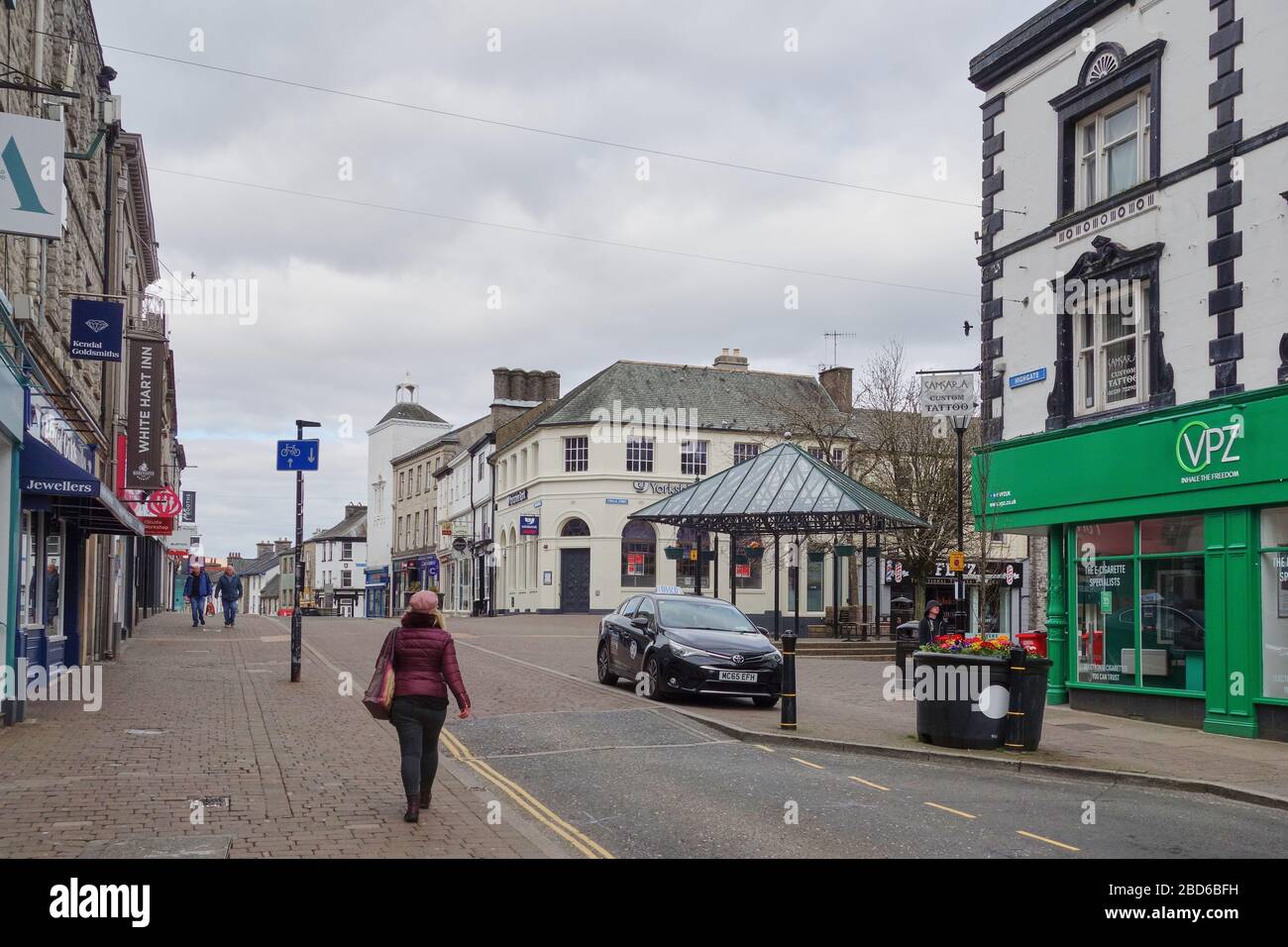 A deserted Kendal shopping street as a result of the Corona Virus (Covid 19) outbreak Stock Photo