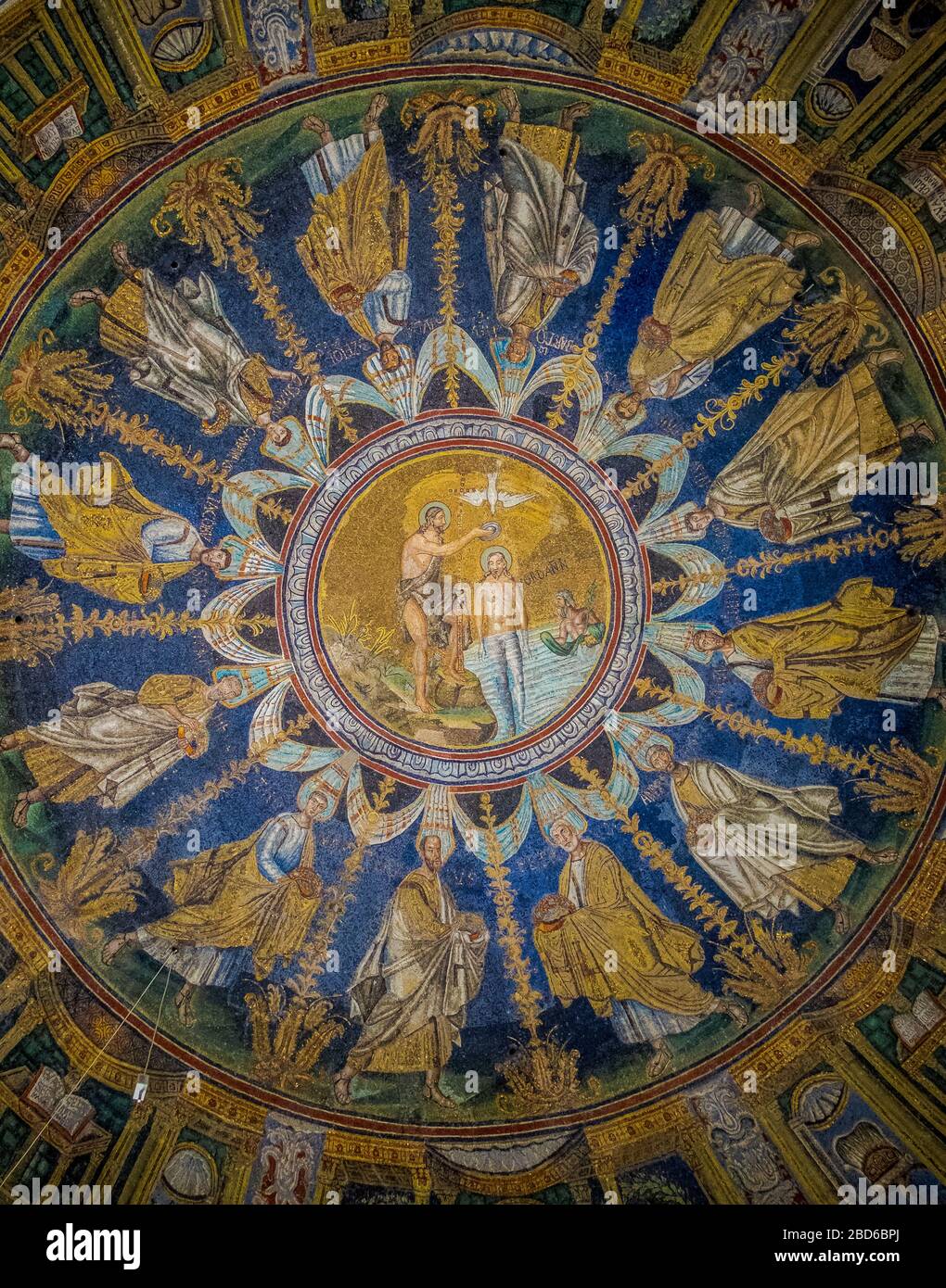 The ceiling mosaic with Baptism of Christ and the twelve apostles in Baptistery of Neon (Battistero Neoniano). 5th century. Ravenna, Emilia-Romagna, I Stock Photo