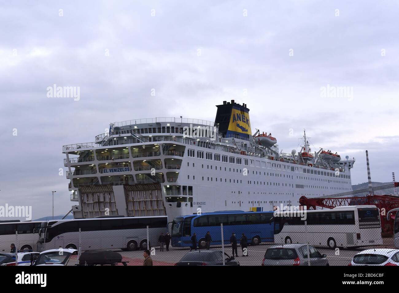 View of El. Venizelos ship, which is in quarantine due to covid-19, with buses for the departure of people that are healthy. (Photo by Dimitrios Karvountzis/Pacific Press) Stock Photo
