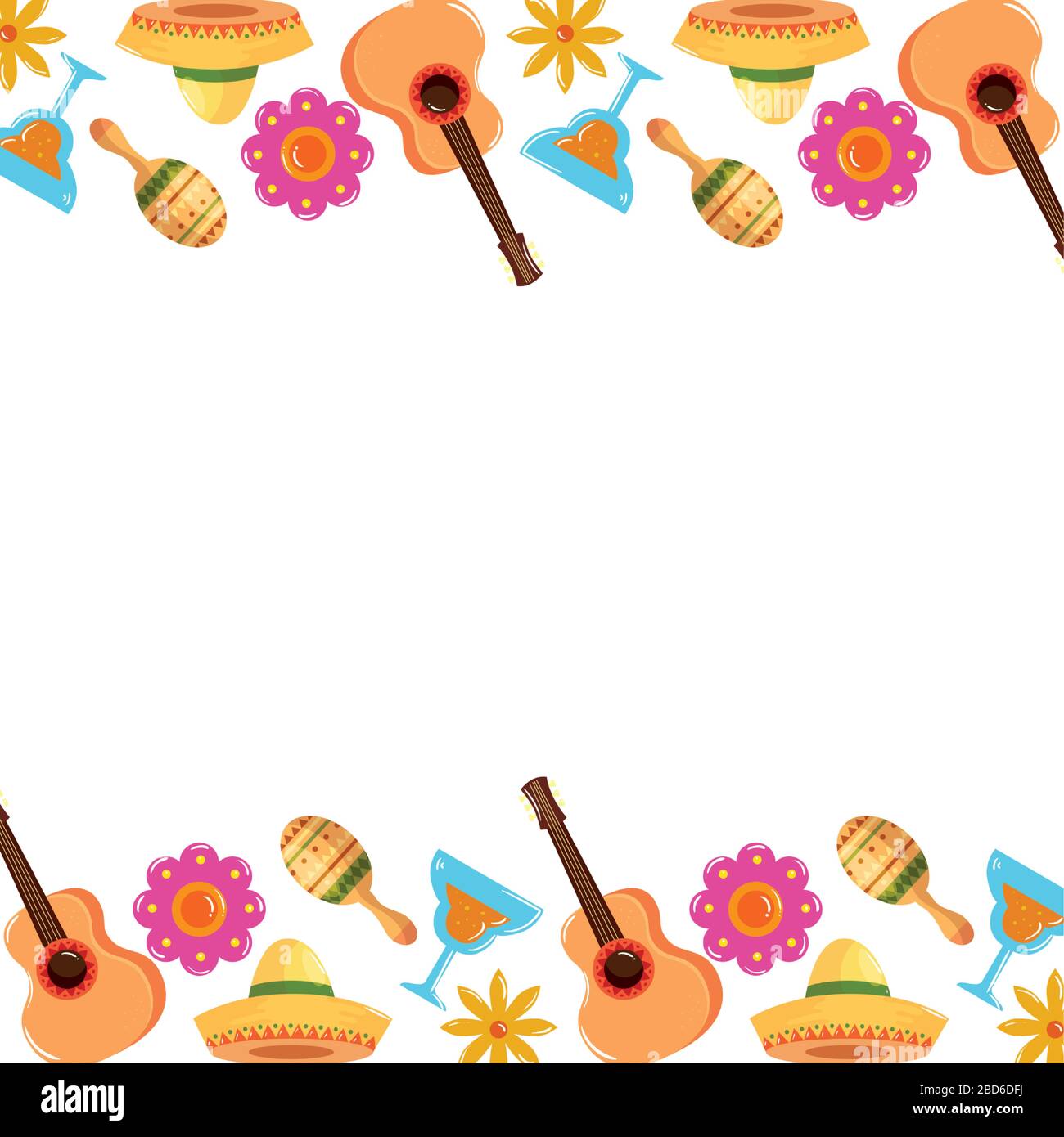 Mexican guitars cocktails maracas and flowers frame vector design Stock ...