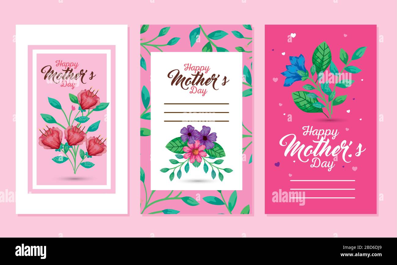 Flowers with leaves cards of happy mothers day vector design Stock ...