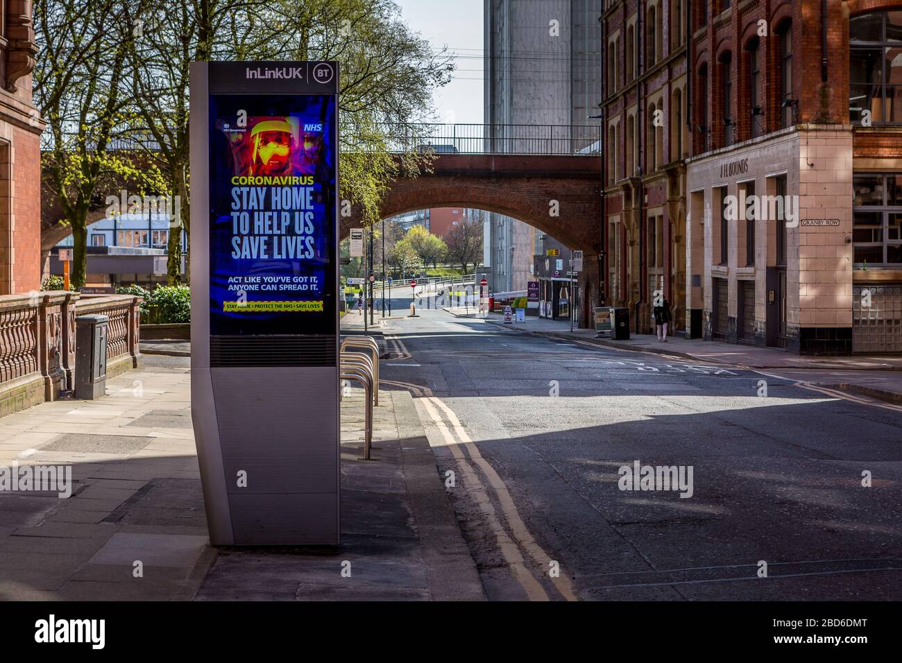 'Stay Home Save Lives' signs, Coronavirus Outbreak, Manchester City Centre, United Kingdom, April 2020. Stock Photo