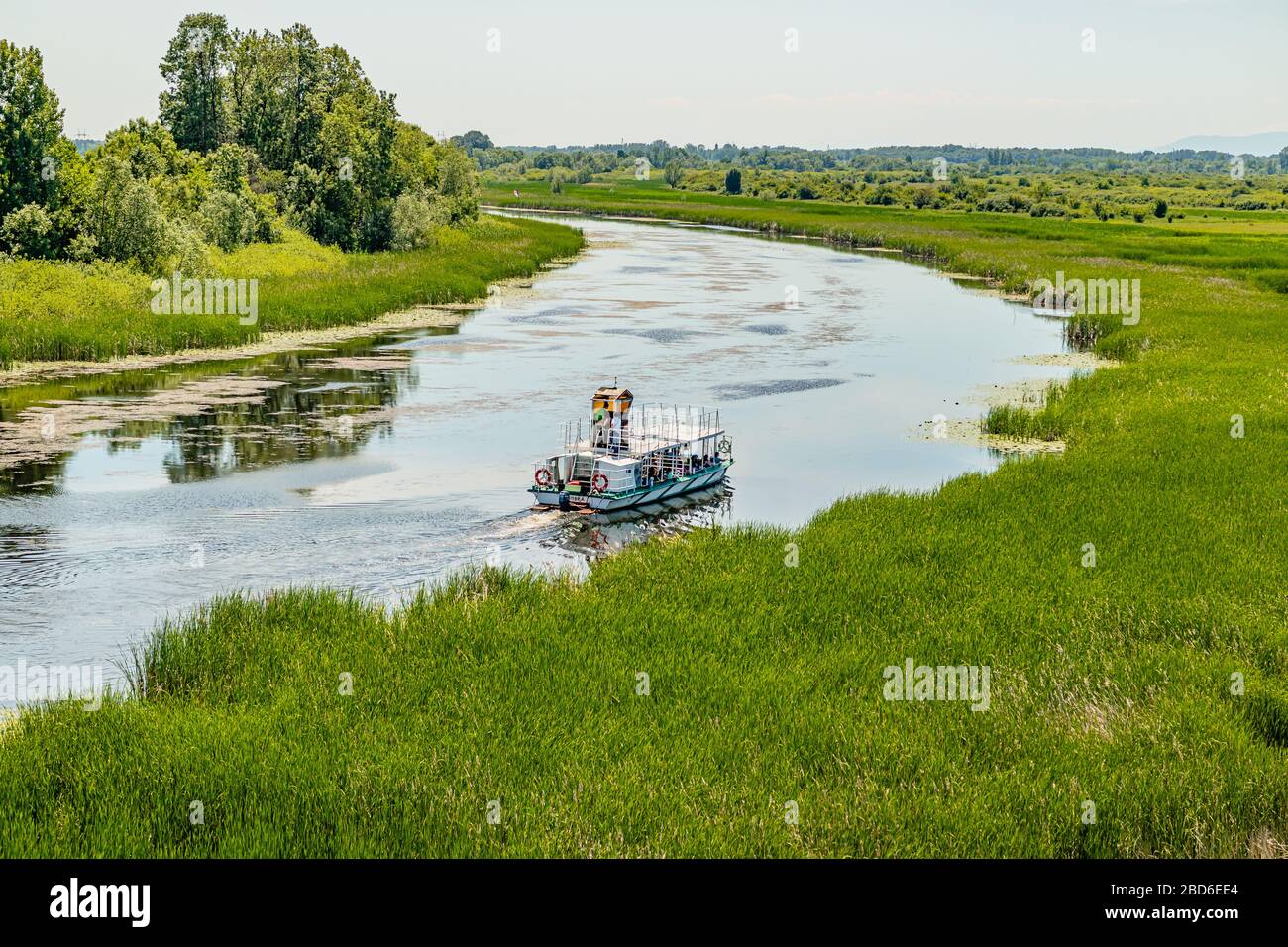 The River Zasavica, a tributary of the River Sava, flowing through the marshy Zasavica national nature park, Serbia. May 2017. Stock Photo