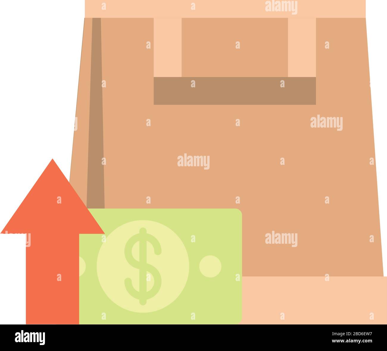 shopping paper bag money going up arrow, rising food prices, flat style icon vector illustration
