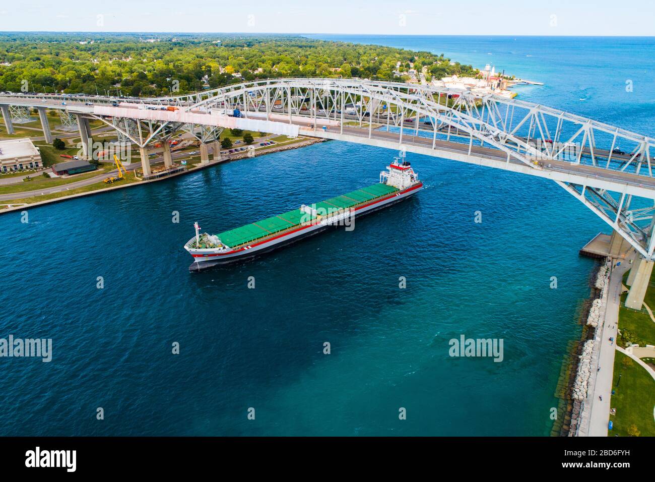 Aerial view Great Lakes shipping freighter on the St. Clair River in Lake Huron at Port Huron