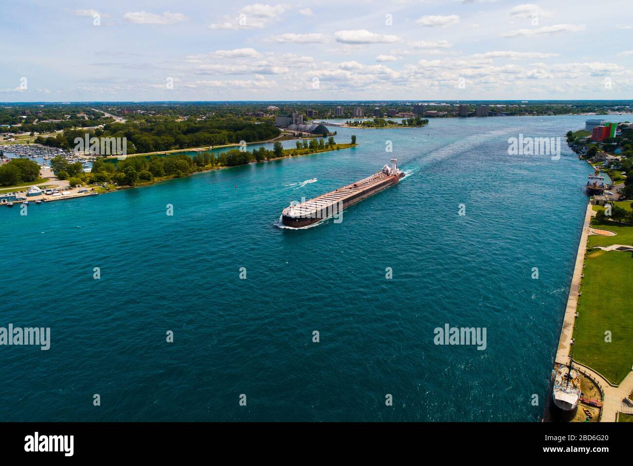 Aerial view Great Lakes shipping freighter on the St. Clair River in Lake Huron at Port Huron