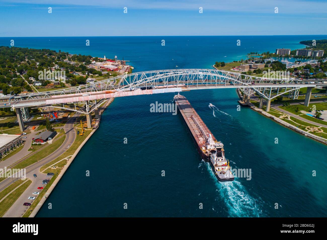 Aerial view Great Lakes shipping freighter on the St. Clair River in 