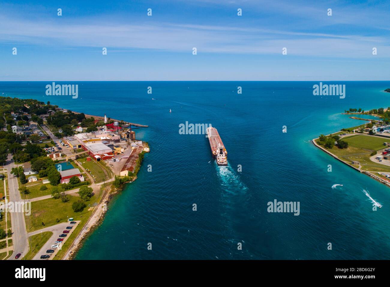 Aerial view Great Lakes shipping freighter on the St. Clair River in