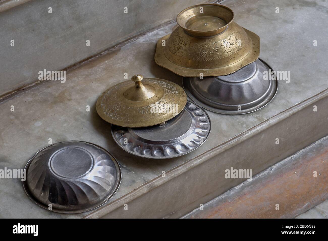 03 Nov 2019  jain  pooja (ritual) utensils Bhiloda North Gujarat INDIA Stock Photo