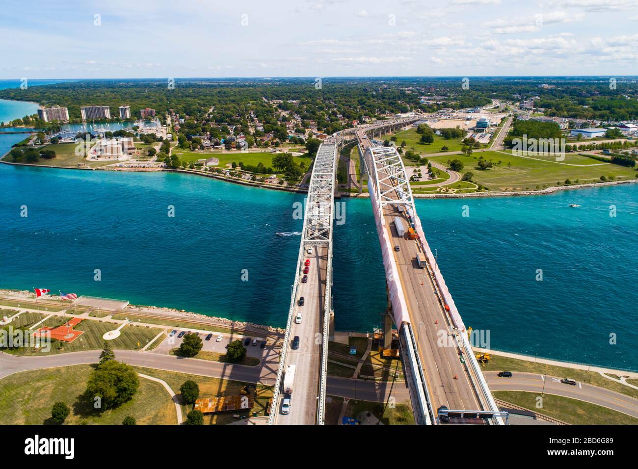 Bllue Water International bridge traffic between port Huron Michigan and Sarnia Ontario Canada Stock Photo