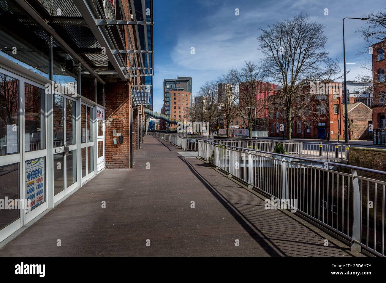 Empty Streets during Coronavirus Outbreak, Deansgate Locks, Manchester City Centre, United Kingdom, April 2020. Stock Photo