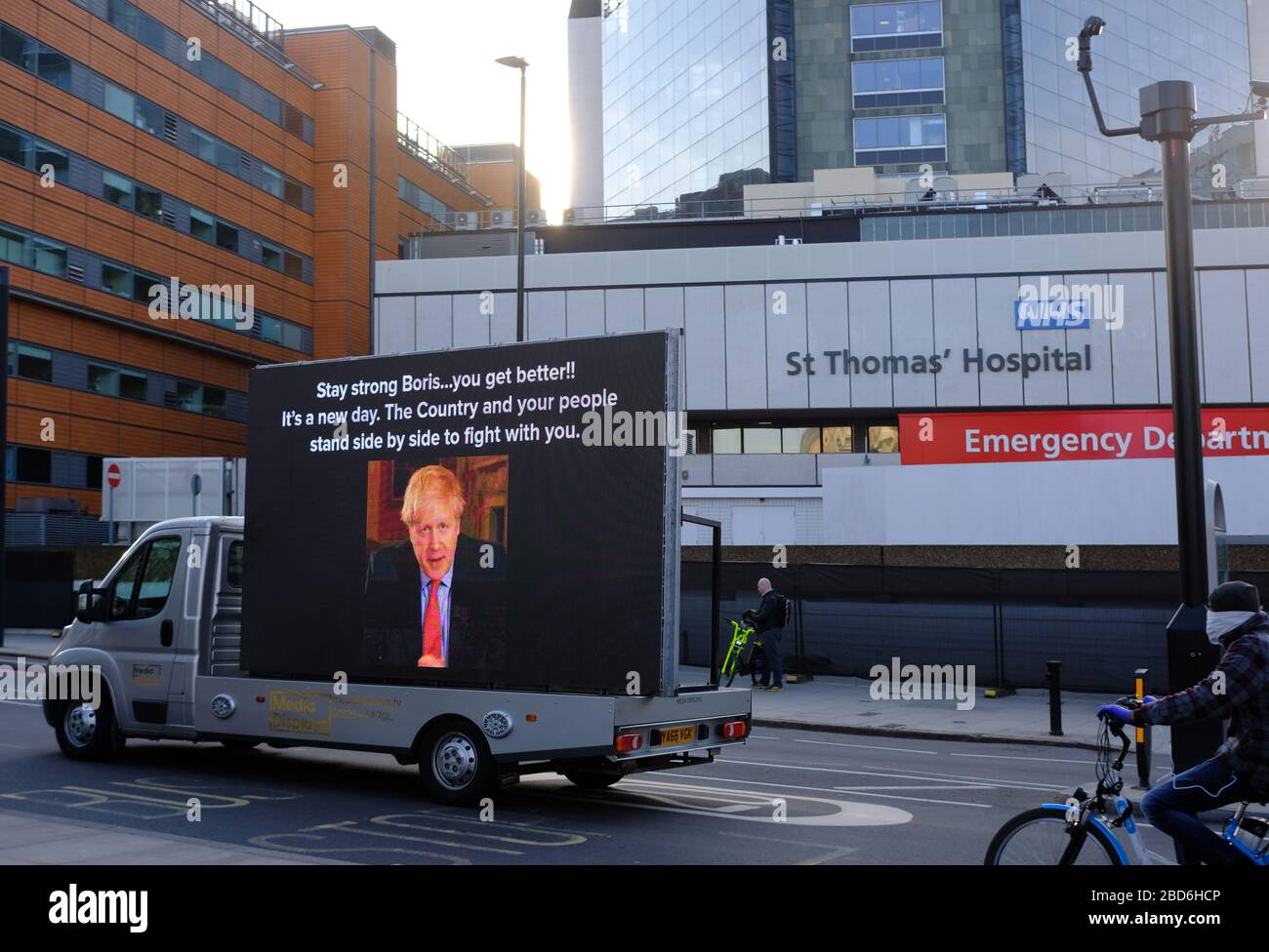 London, UK. 07th Apr, 2020. Boris Johnson PM in St Thomas' Hospital, Van with good wishes drives past Credit: Londonphotos/Alamy Live News Stock Photo