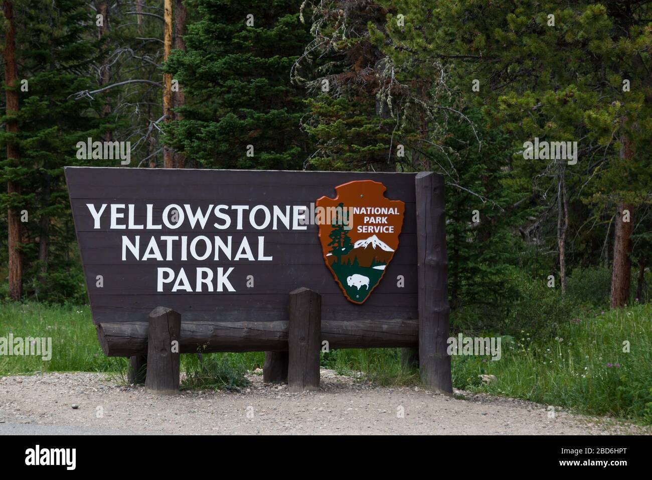 Yellowstone National Park, Montana, USA July 13, 2014 A wooden sign