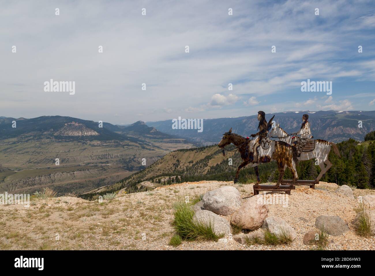 Dead Indian Pass, Wyoming / USA - July 14, 2014:  Metal cutout artwork of Nez Perce tribal members on horseback displayed at the summit of Dead Indian Stock Photo
