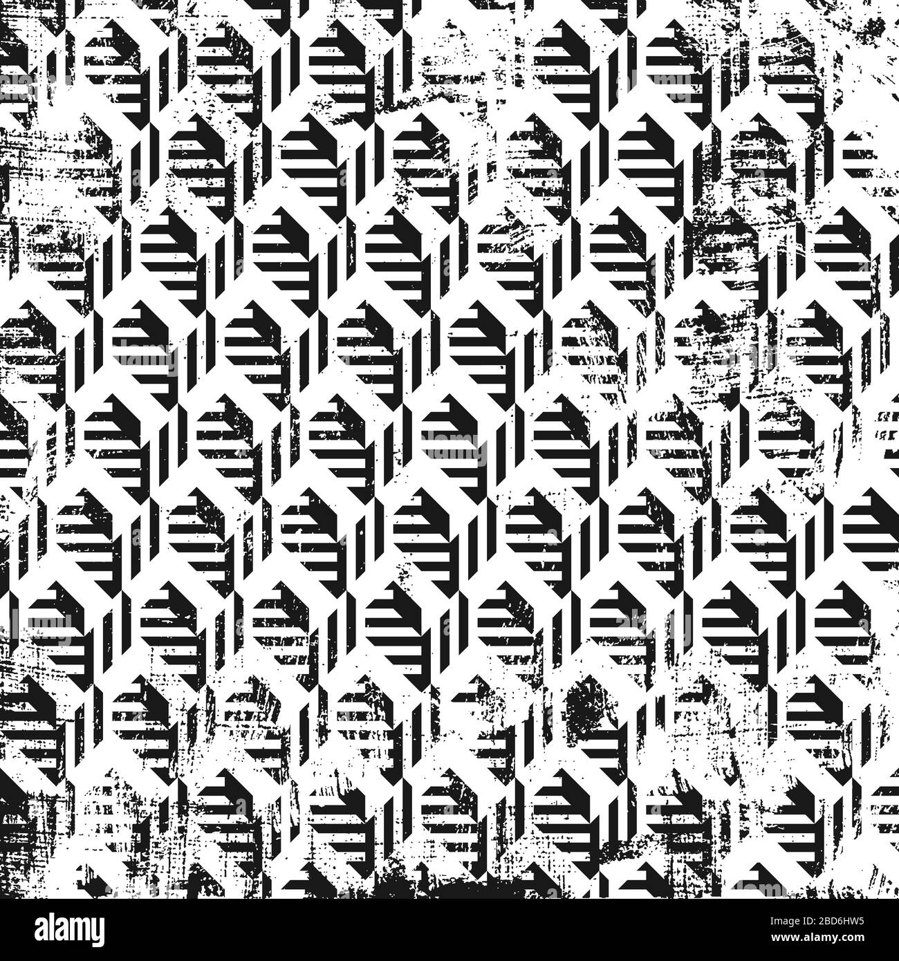 Grunge abstract pattern, geometric optical illusion.  Square black and white backdrop. Stock Vector