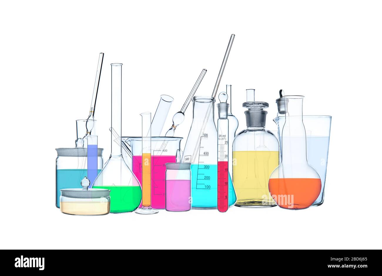 various colors group object of multi-colored chemical laboratory limpid glassware equipment on white background, isolated. Concept coronavirus epidemi Stock Photo