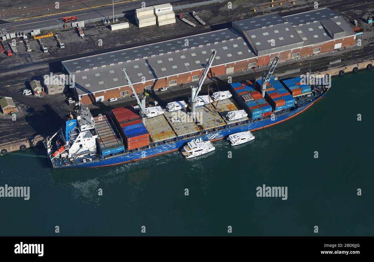Aerial photo of vessel loading yachts Stock Photo