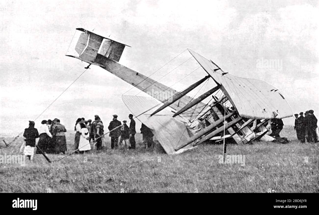 ALCOCK AND BROWN TRANSATLANTIC FLIGHT June 1919. Their modified Vickers Vimy lands in a bog near Clifden, County Galway. Stock Photo