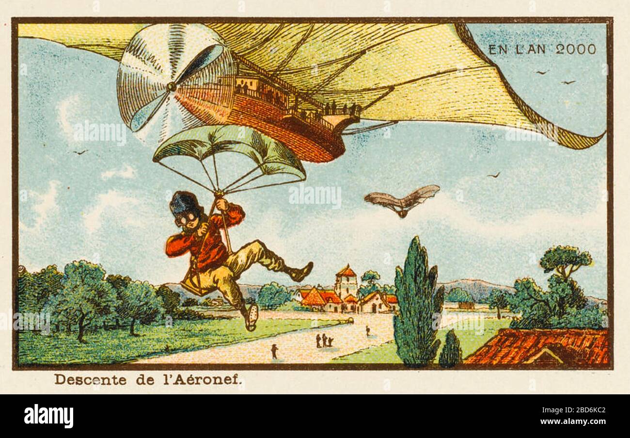 PARACHUTIST IN THE YEAR 2000. One of many French illustrations of a predicted future published in 1910. Stock Photo