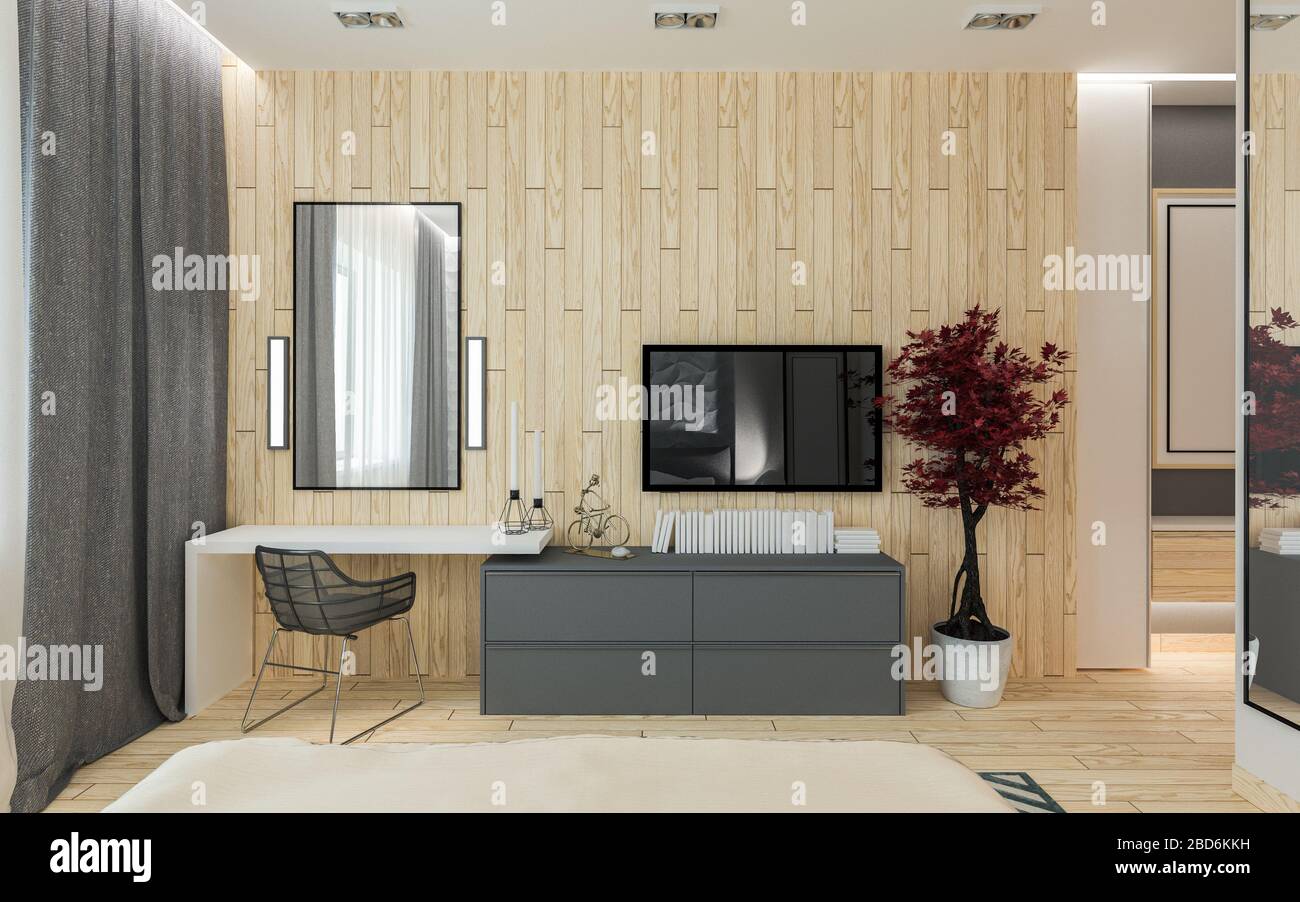 Master Bedroom With Dressing Room 3d Panels In A Modern Style Stock Photo Alamy