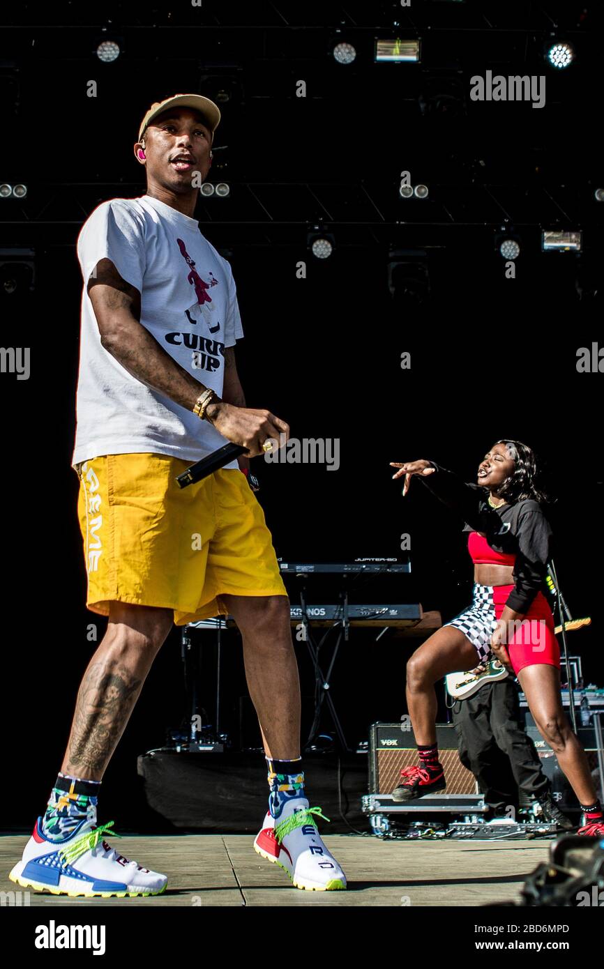 Aarhus, Denmark. 08th, June 2018. The American rap group N.E.R.D. performs a live concert during the Danish music festival Northside 2018 in Aarhus. Here rapper Pharrell Williams is seen live on stage. (Photo credit: Gonzales Photo - Lasse Lagoni Stock Photo