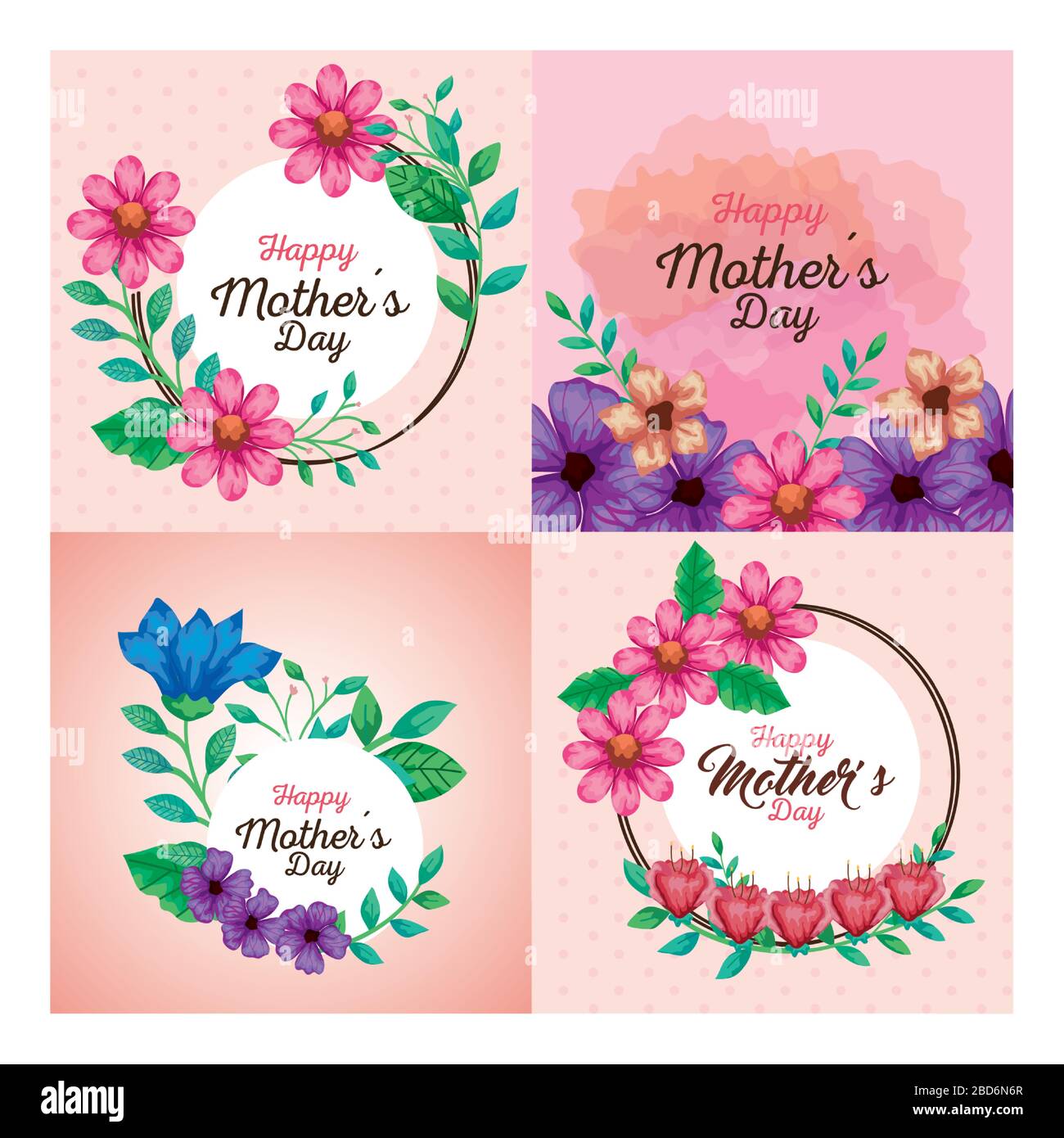 Flowers with leaves cards of happy mothers day vector design Stock ...