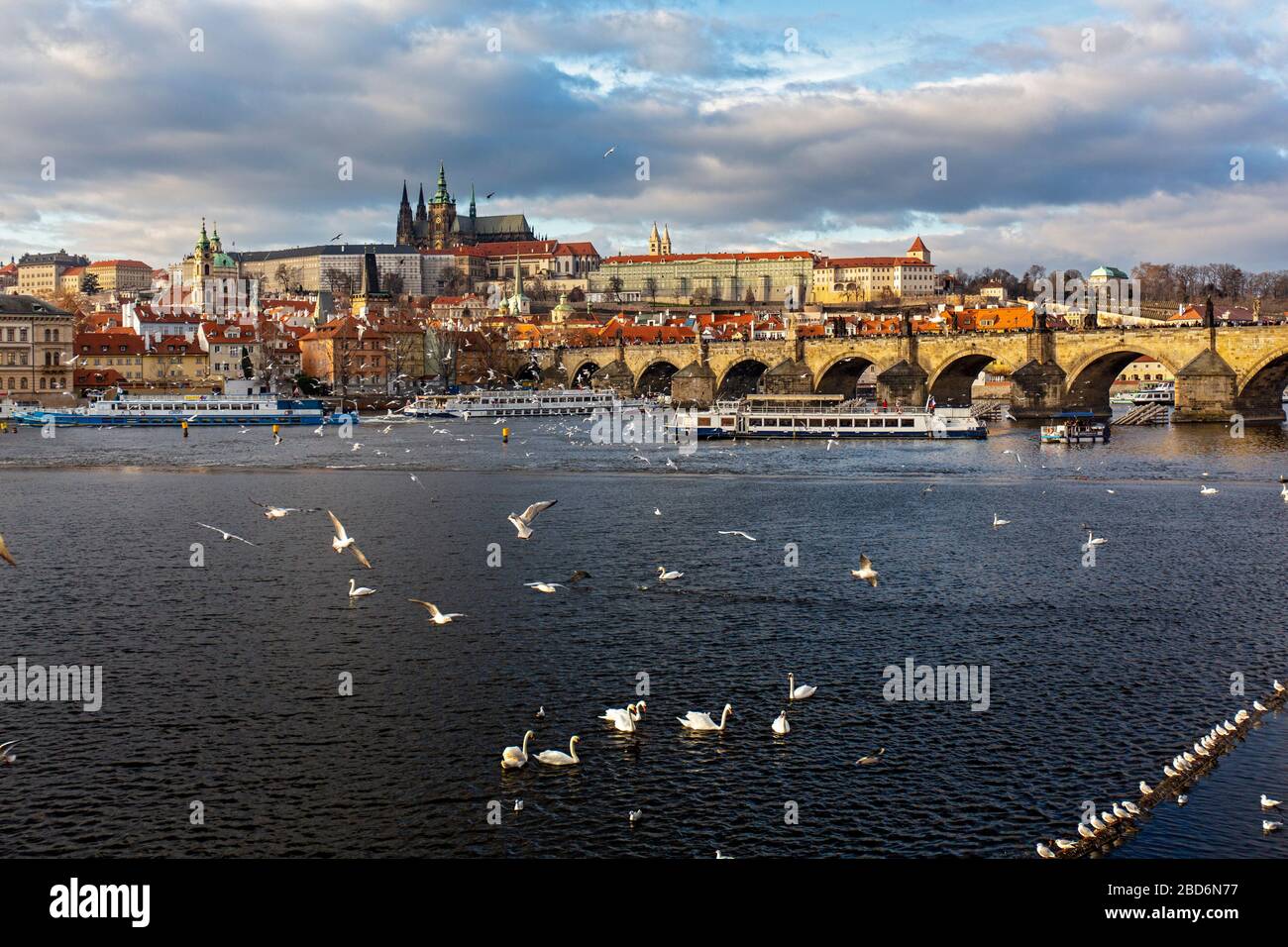 Blick über die Moldau auf die Prager Burg (Hradschin), Prag, Tschechische Republik Stock Photo