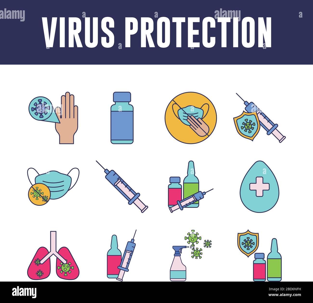 set of icons vaccination medical immunization, line and fill style icon ...