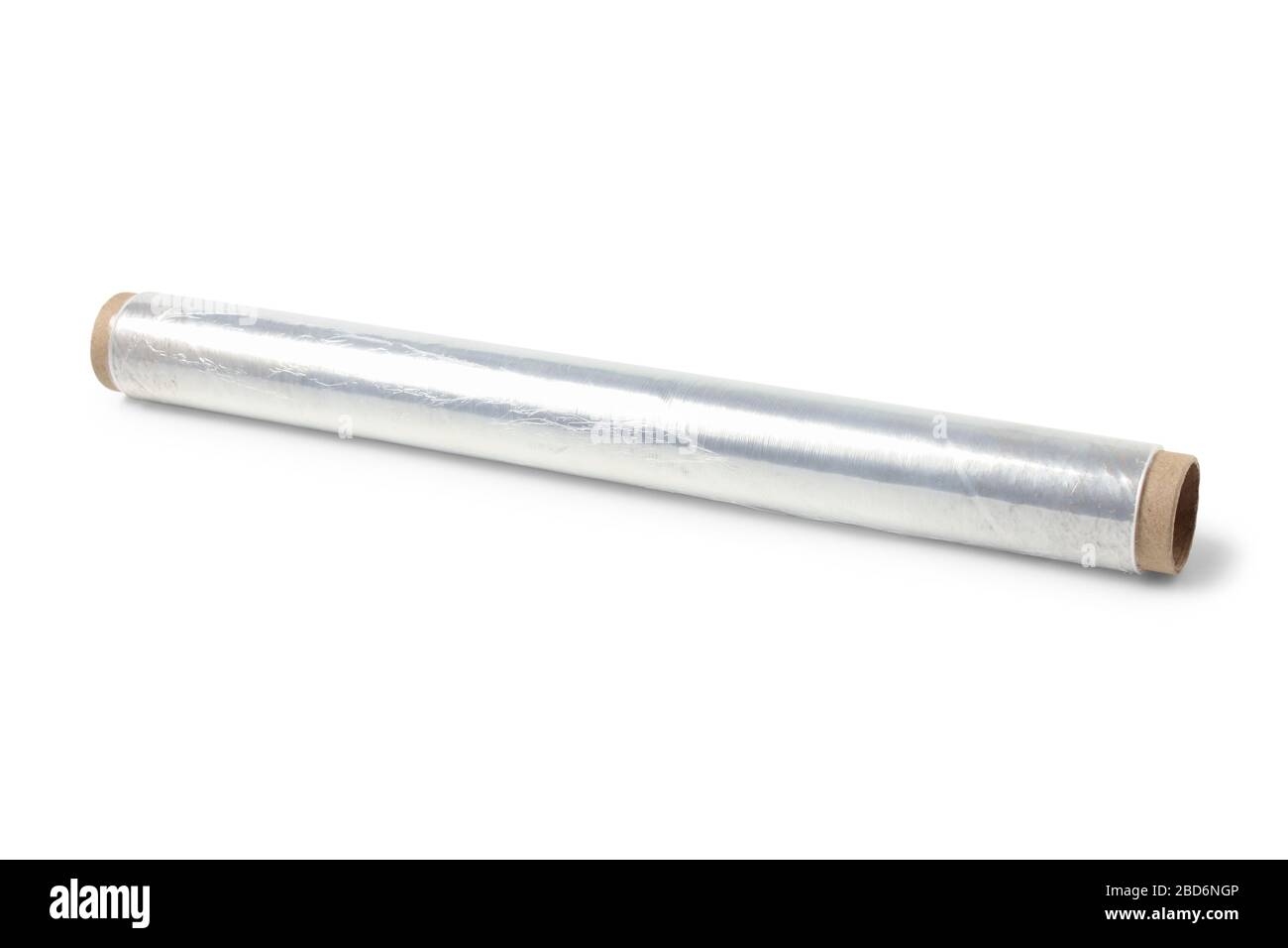 Coiled roll of transparent polyethylene for food packaging on a white Stock Photo