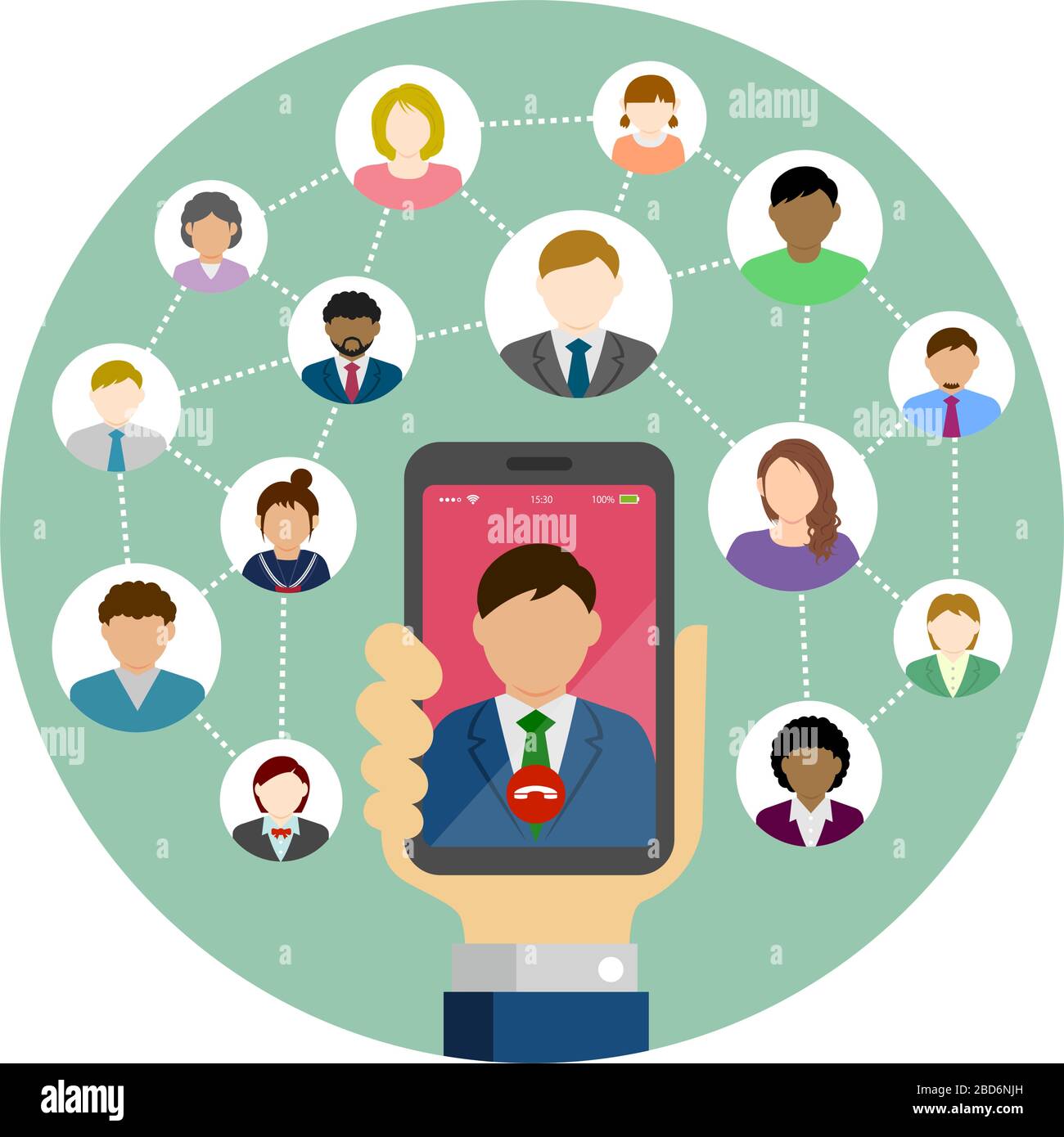 Video call / Global communiation through mobile phone circle vector banner illustration / Hand holding smartphone. Stock Vector