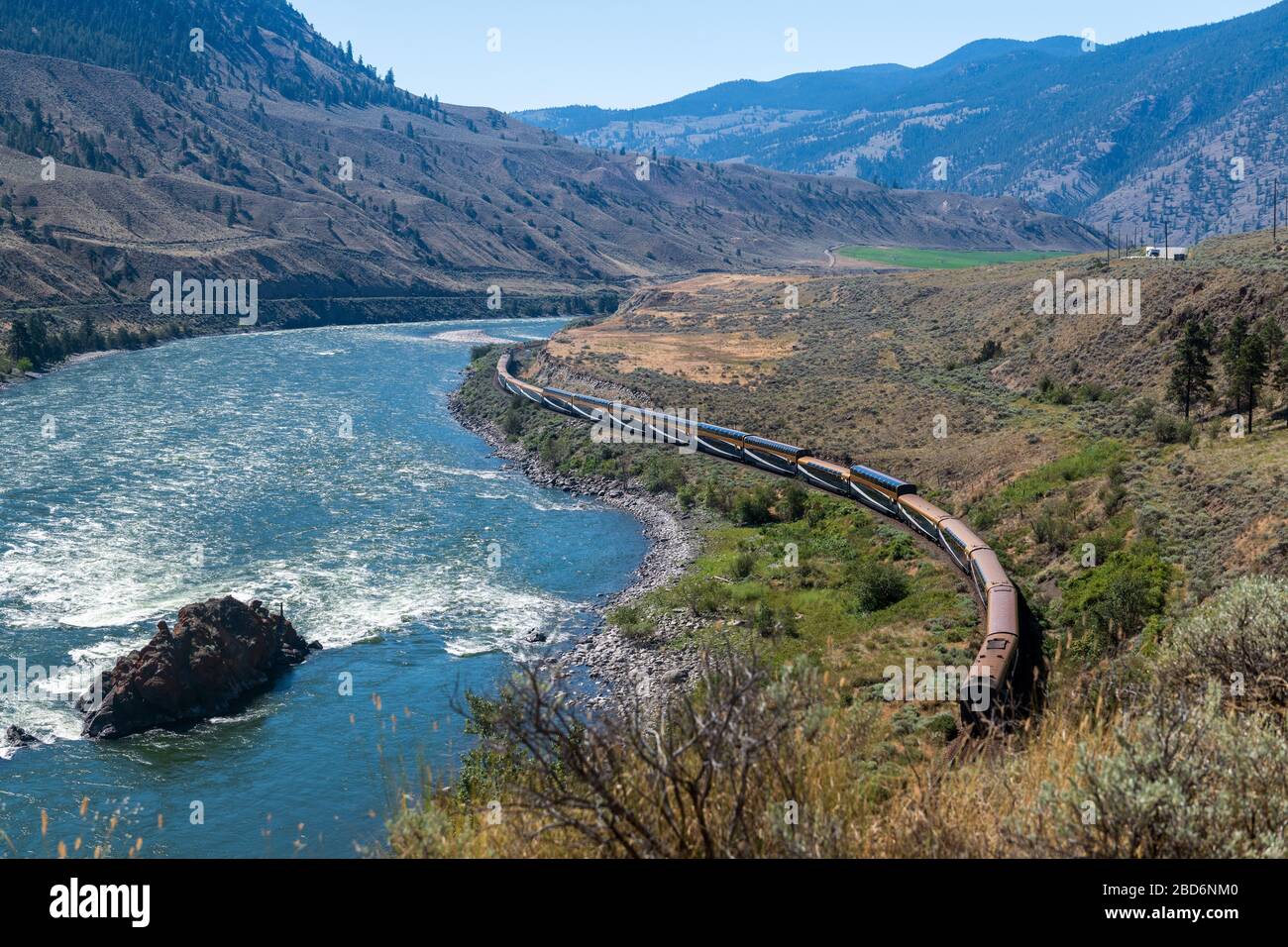 Spences Bridge, British Columbia, Canada July 16, 2018 A passenger train rolls along the