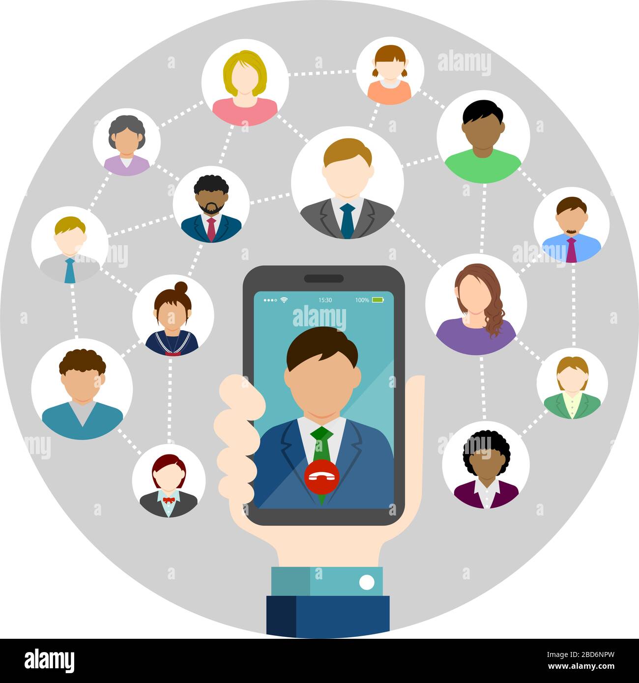 Video call / Global communiation through mobile phone circle vector banner illustration / Hand holding smartphone. Stock Vector
