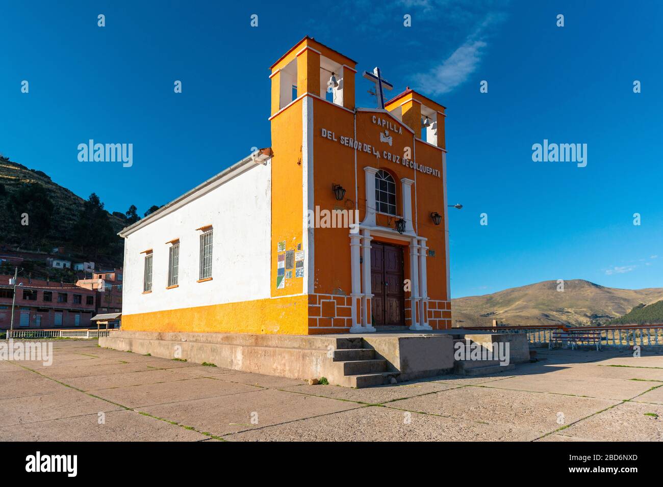Chapel of Our Lord of the Cross of Colquepata at sunset near the Titicaca Lake. Stock Photo