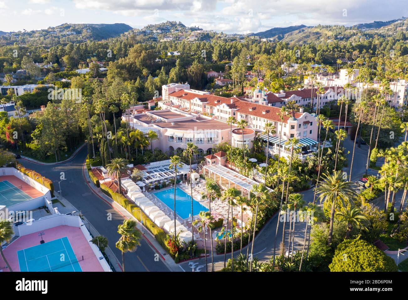 Aerial views of exclusive historic  Beverly Hills Hotel on Sunset Boulevard Stock Photo