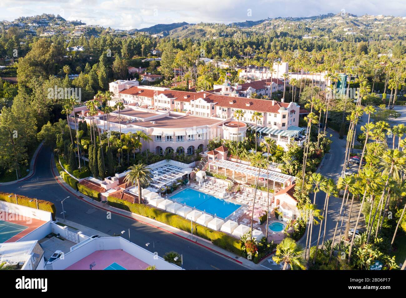 Aerial views of exclusive historic  Beverly Hills Hotel on Sunset Boulevard Stock Photo