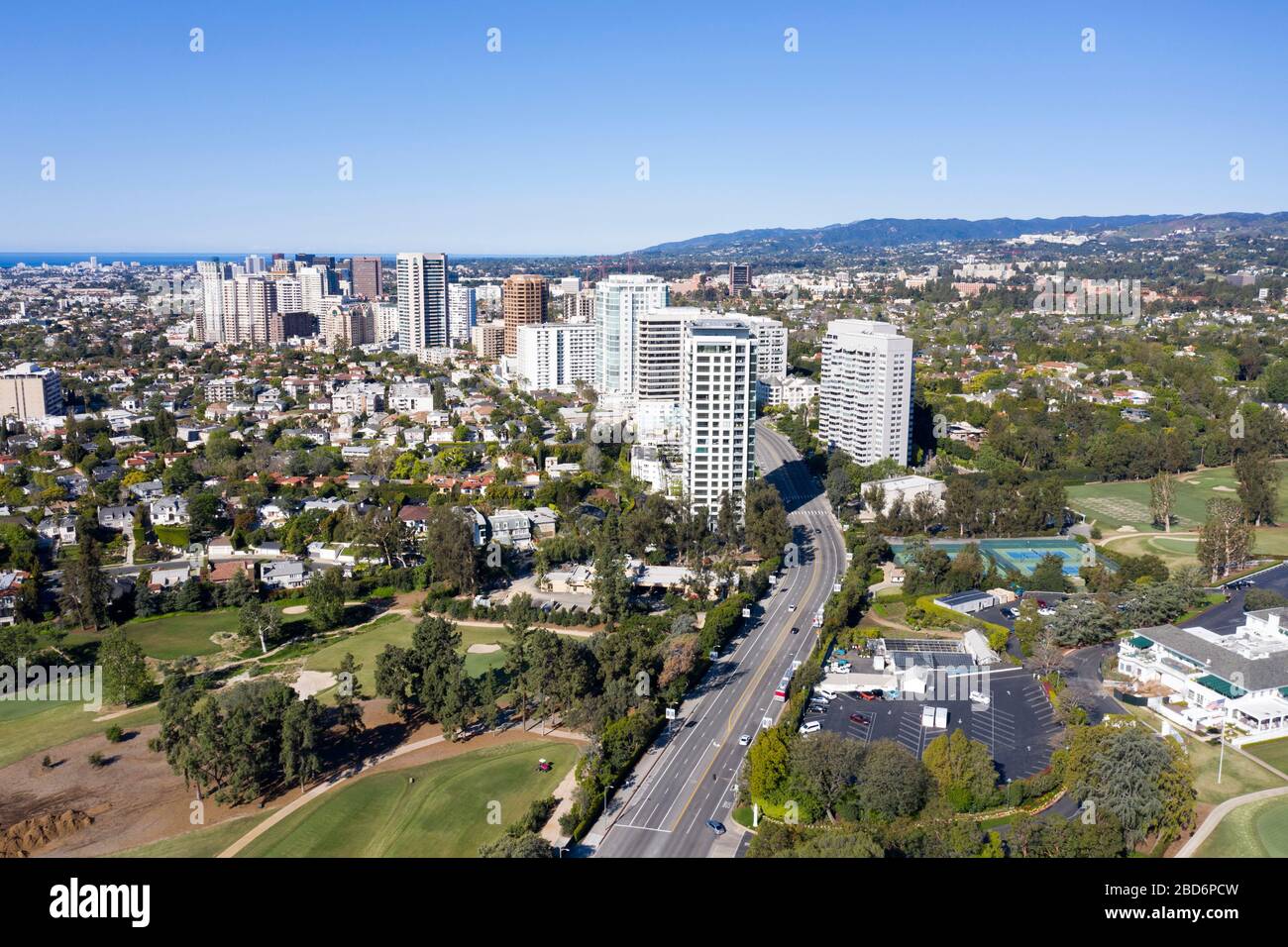 Aerial view of Wilshire corridor towers in Westwood, west Los Angeles, California Stock Photo