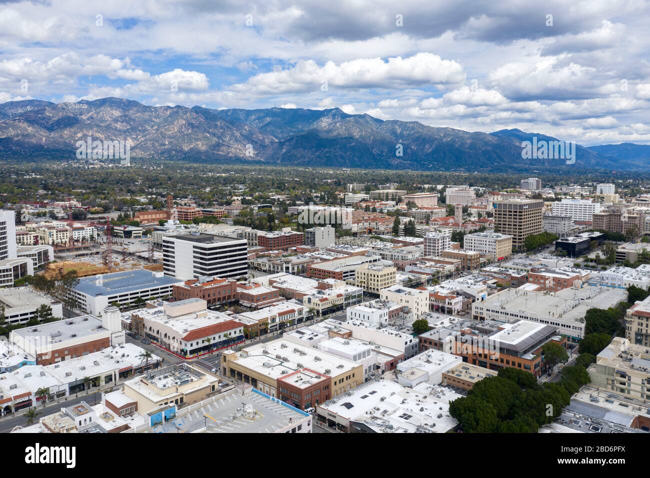 Aerial views over old town Pasadena, California Stock Photo