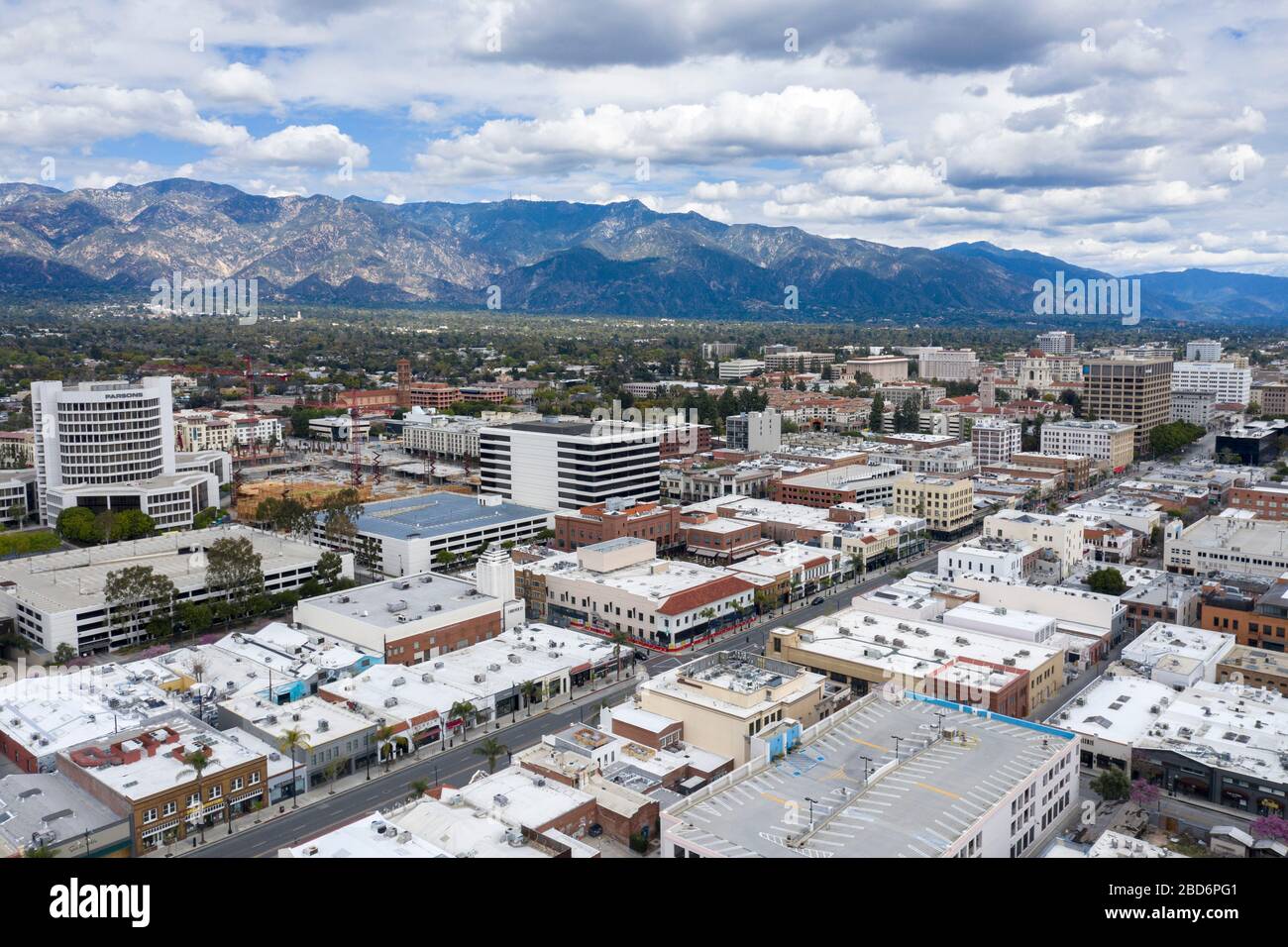 Aerial views over old town Pasadena, California Stock Photo
