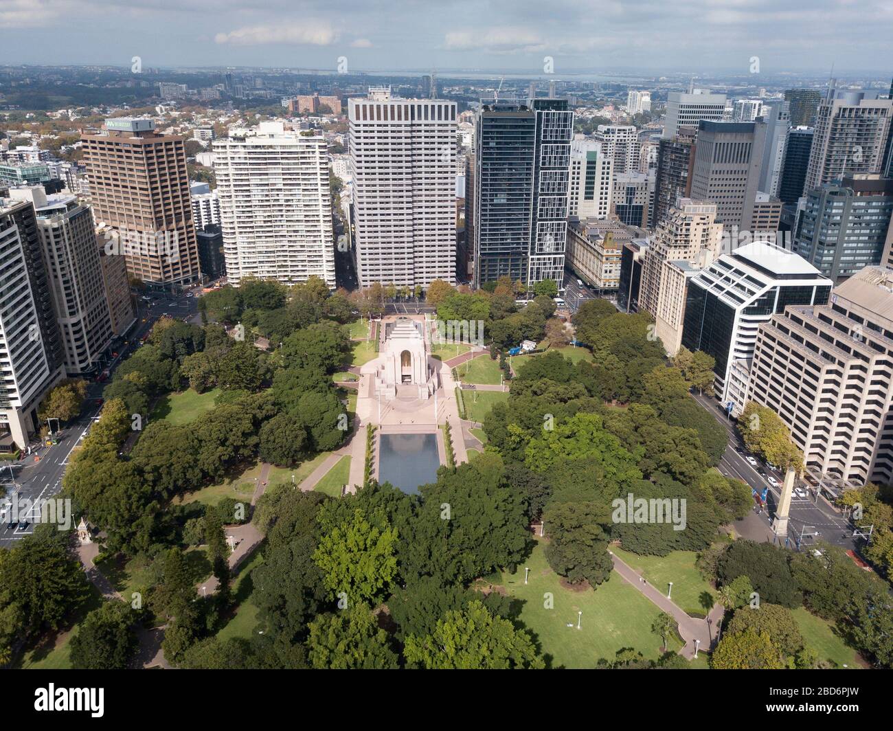 Aerial view of Hyde Park and ANZAC Memorial in central Sydeny, NSW Australia Stock Photo