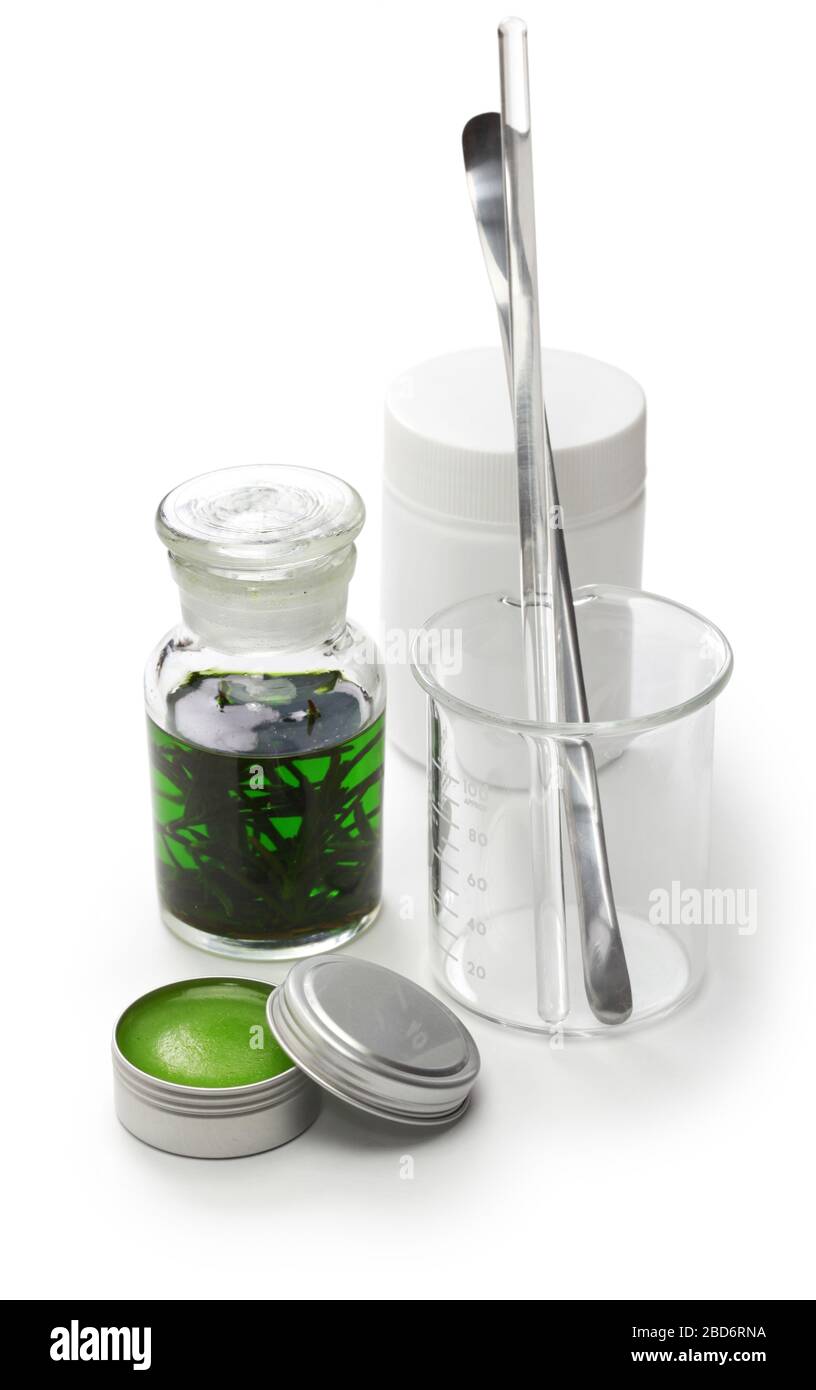 Homemade rosemary balm and ingredients and tools to make it Stock Photo