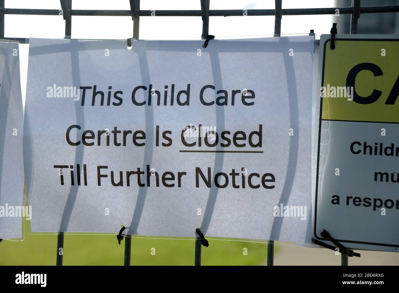 Signage shows that a preschool playground is closed for the Covid 19 lockdown in New Zealand, March 2020 Stock Photo