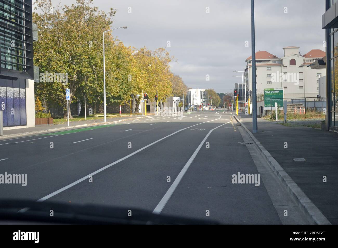 CHRISTCHURCH, NEW ZEALAND, MARCH 31, 2020; The normally busy streets of Christchurch are largely deserted during the Covid 19 lockdown in New Zealand, March 2020 Stock Photo
