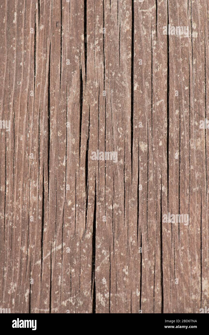 Weathered stained brown, pine wood, background, split, cracked, textured. Portrait orientation. Stock Photo