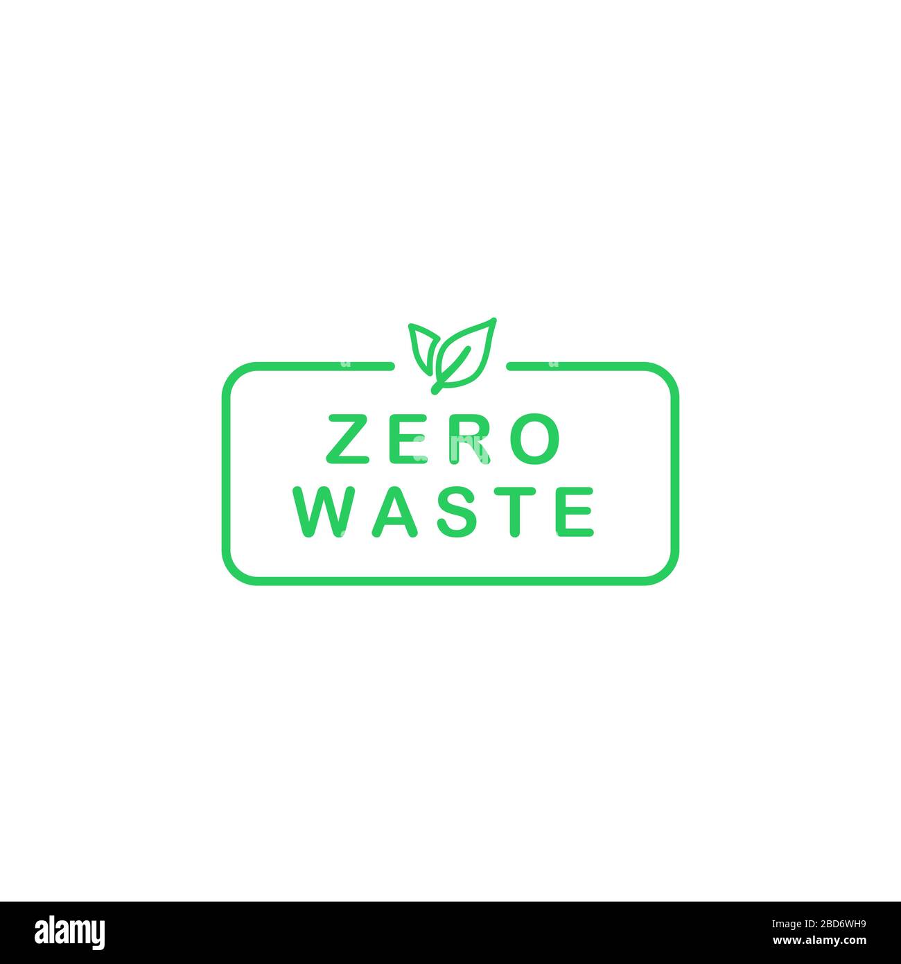 Zero waste text in rectangle with green line leaves. Eco label, green emblem. Vector stock illustration. Stock Vector