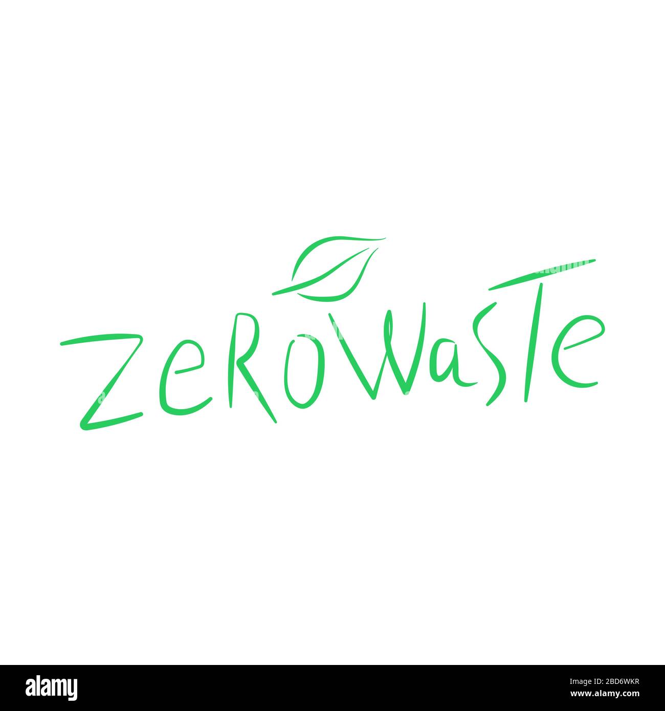 Zero waste handwritten text title sign with green tree leaf. Ecology management concept isolated illustration on white background. Vector stock illust Stock Vector