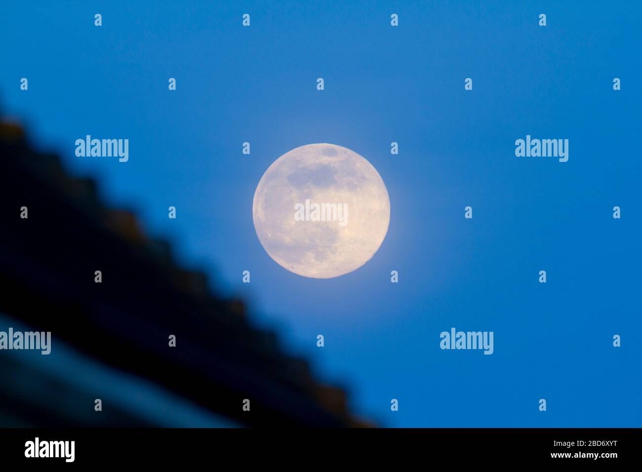 Hailsham, UK. 7th Apr 2020. UK weather. Light cloud cover this evening allowed for good views of this months full pink supermoon over Hailsham. Hailsham, East Sussex, UK. Credit: Ed Brown/Alamy Live News Stock Photo