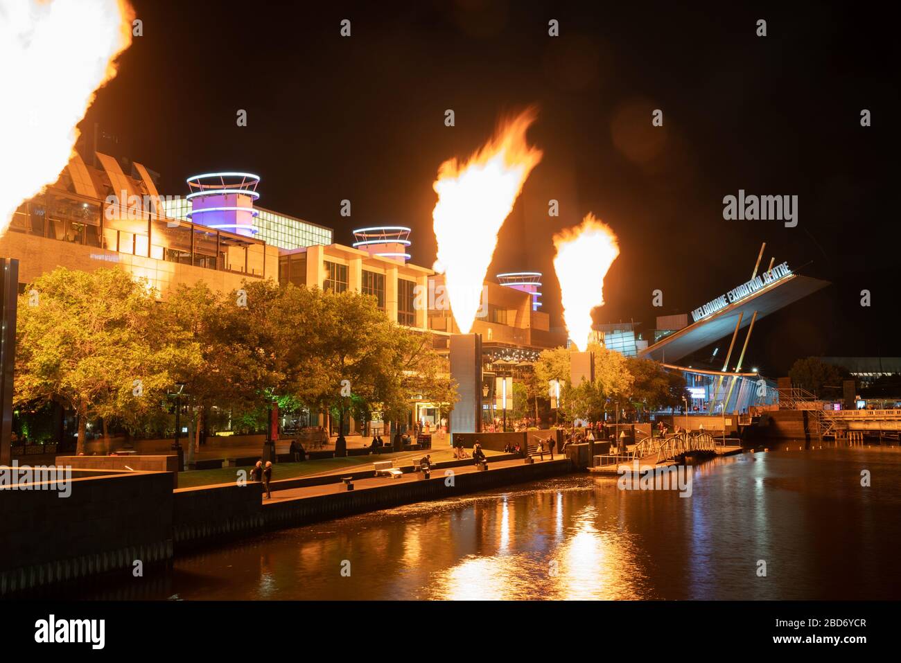 Melbourne Australia - March 14 2020; Nightly Gas Brigades Fire Show outside Melbourne Casino along the promenade and Yarra River. Stock Photo