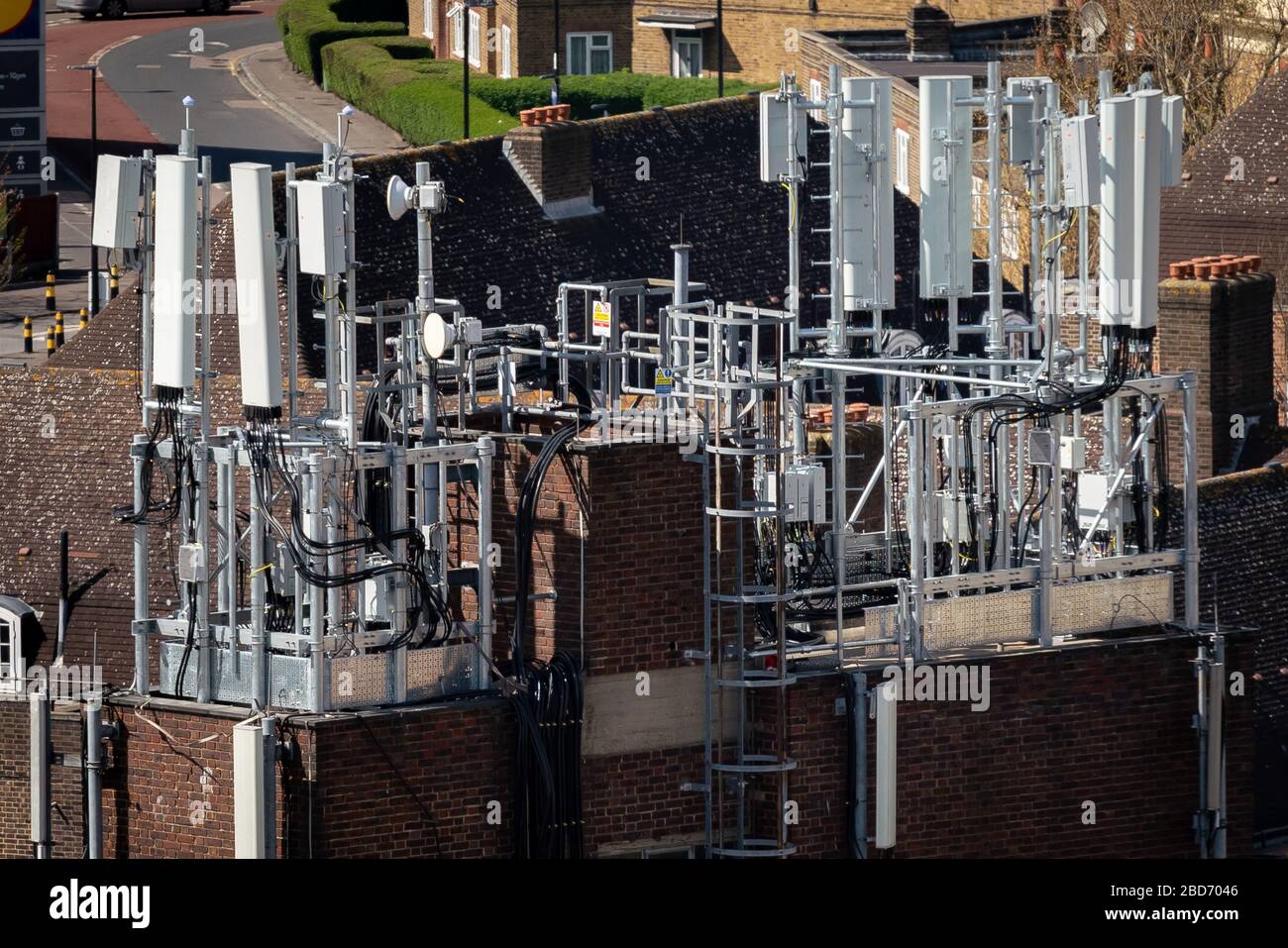 London, UK. 7th April, 2020. 5G mobile provider masts newly installed to the roofs of a south east London housing estate. Credit: Guy Corbishley/Alamy Live News Stock Photo