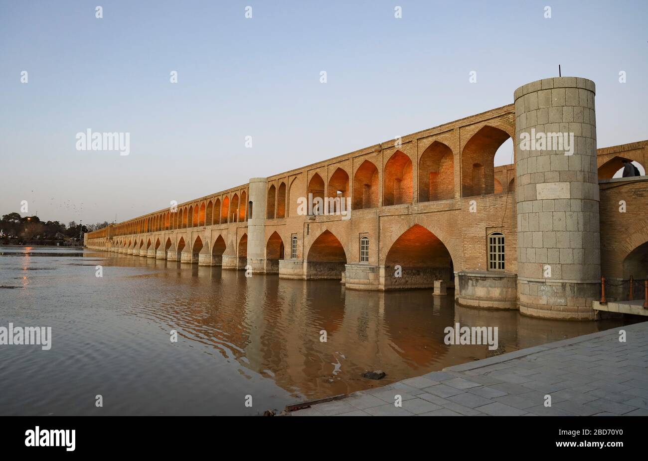 View of Allahverdi Khan Bridge (Si-o-Se Pol 33 Arches Bridge) over the Zayandeh River, Isfahan, Esfahan Province, Iran, Middle East Stock Photo