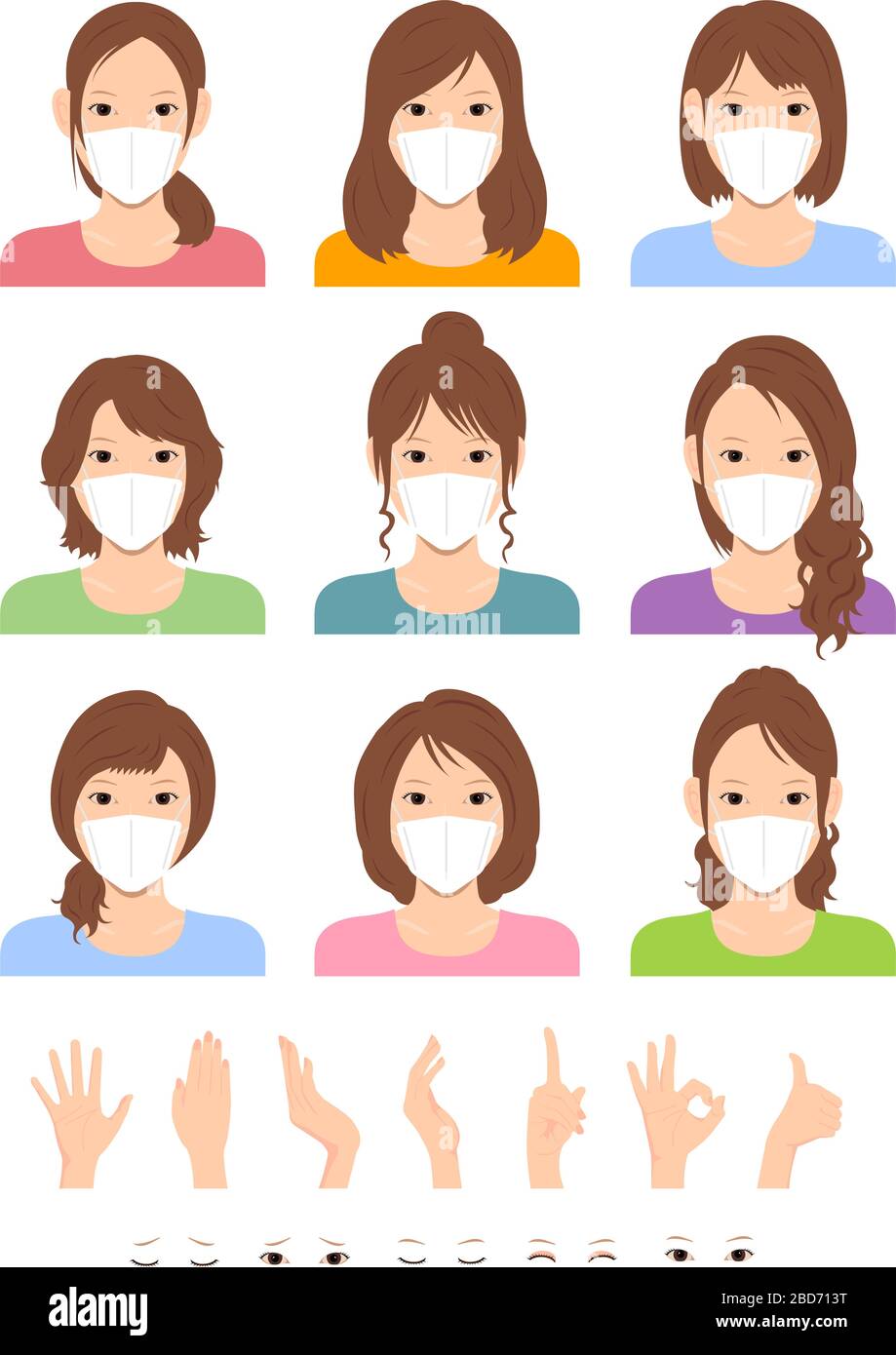 Young asian woman (upper body ) wearing a mask vector illustration set